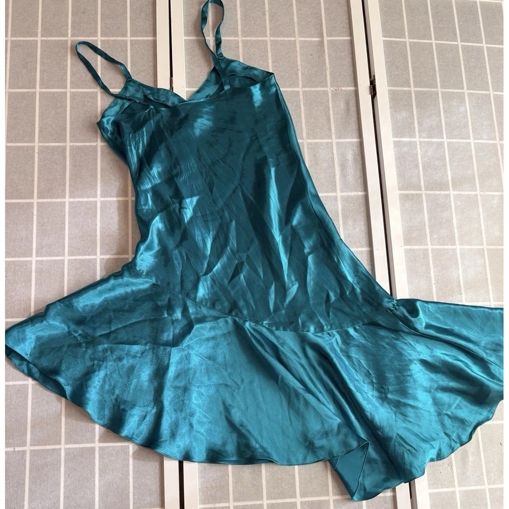VTG 90s Victoria's‎ Secret Emerald Satin Slip Midi Dress Sz M Fairy Asymmetrical